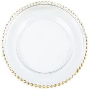 4 Count - 12" Gold Beaded Round Glass Charger Plates